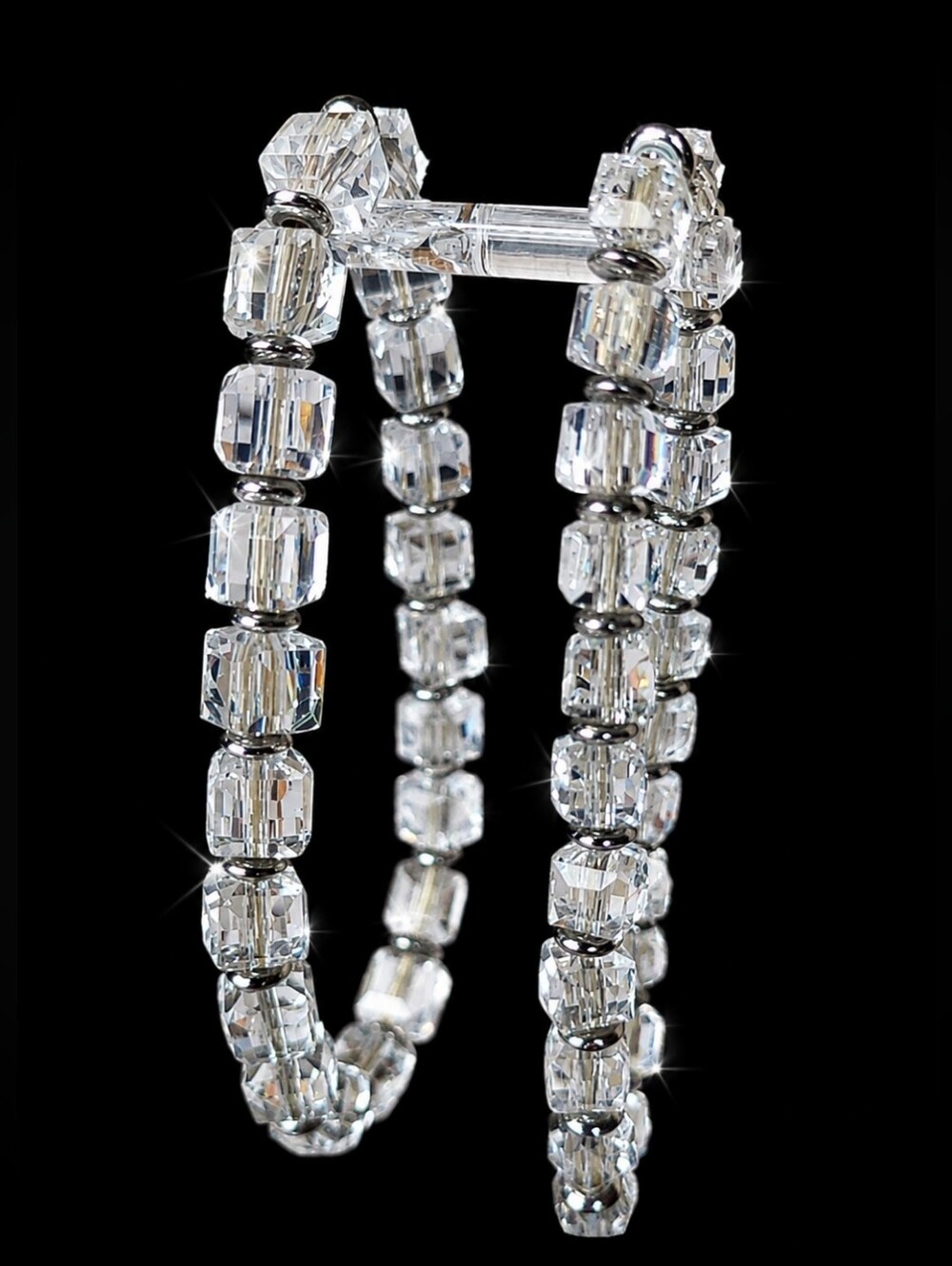 Pair of 2 Clear Square Crystal Glass Cube Stretch Bracelets Vintage Silver Tone